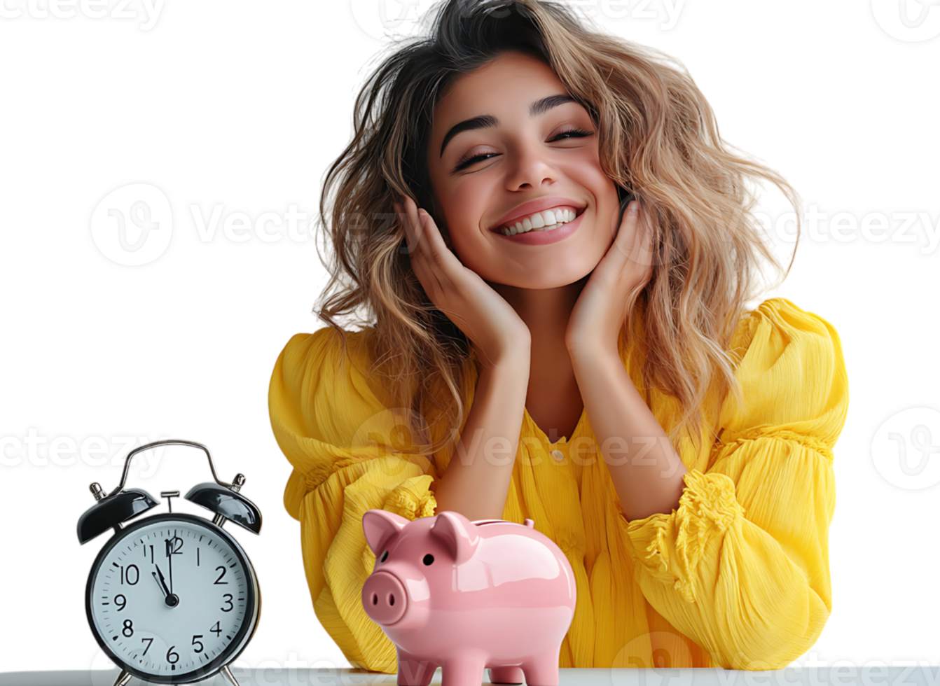 Woman smiling with piggy bank and alarm clock png