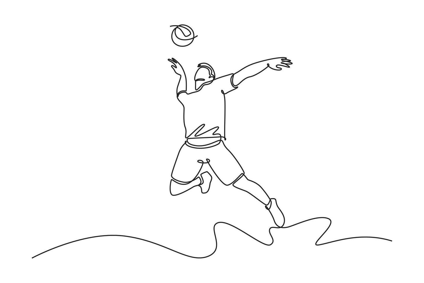 Single one line drawing volleyball player in motion hitting ball with jump smash on court during training. Young sportsman practicing with team. Continuous line draw design graphic illustration vector