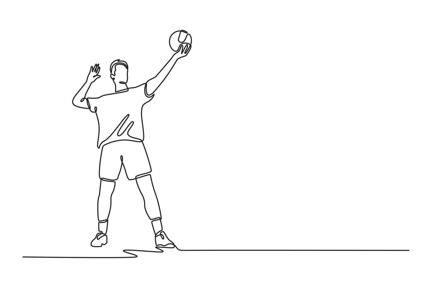 Continuous one line drawing professional volleyball player serving a ball while tournament on court arena. Team sport member in action on game play. Single line draw design graphic illustration vector