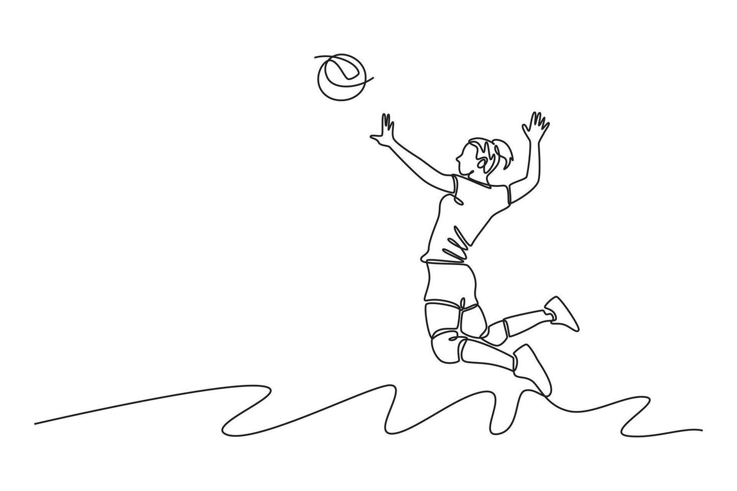 Continuous one line drawing female volleyball player in motion hitting the ball with jump smash on court during competition. Healthy sport teamwork. Single line draw design graphic illustration vector