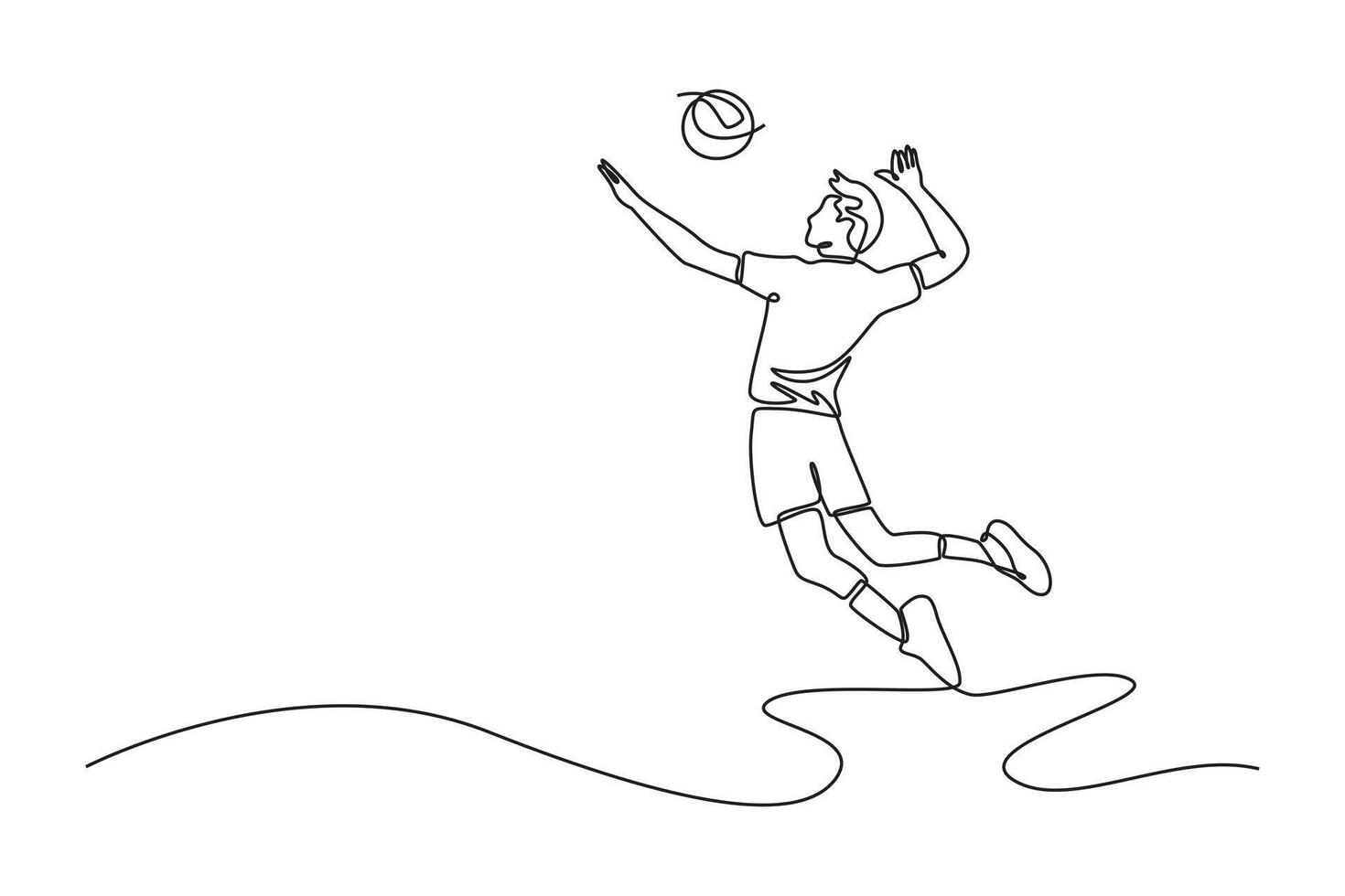 Single one line drawing professional male volleyball player hitting the ball with jump smash on court during tournament. Teamwork sport concept. Continuous line draw design graphic illustration vector