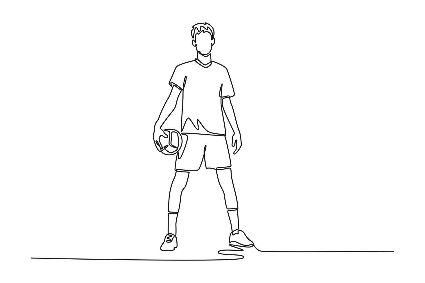 Continuous one line drawing male volleyball player standing and holding the ball while tournament at indoor court. Team sport on healthy activity. Single line draw design graphic illustration vector
