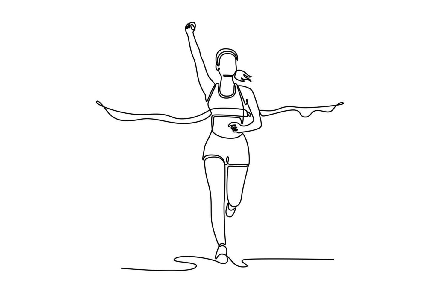 excited female athlete with arms raised reaching the finish line at track field during marathon outdoors. Sports and motivation vector
