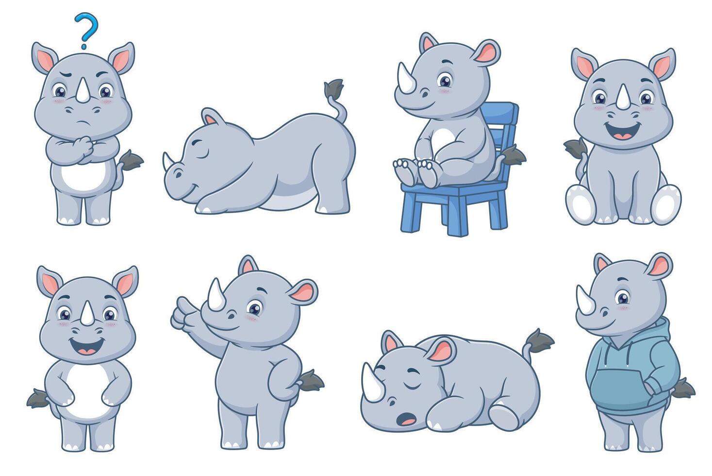 Eight cartoon rhinoceroses in various poses, suitable for childrens educational materials, animalthemed designs, and wildlife conservation projects. vector