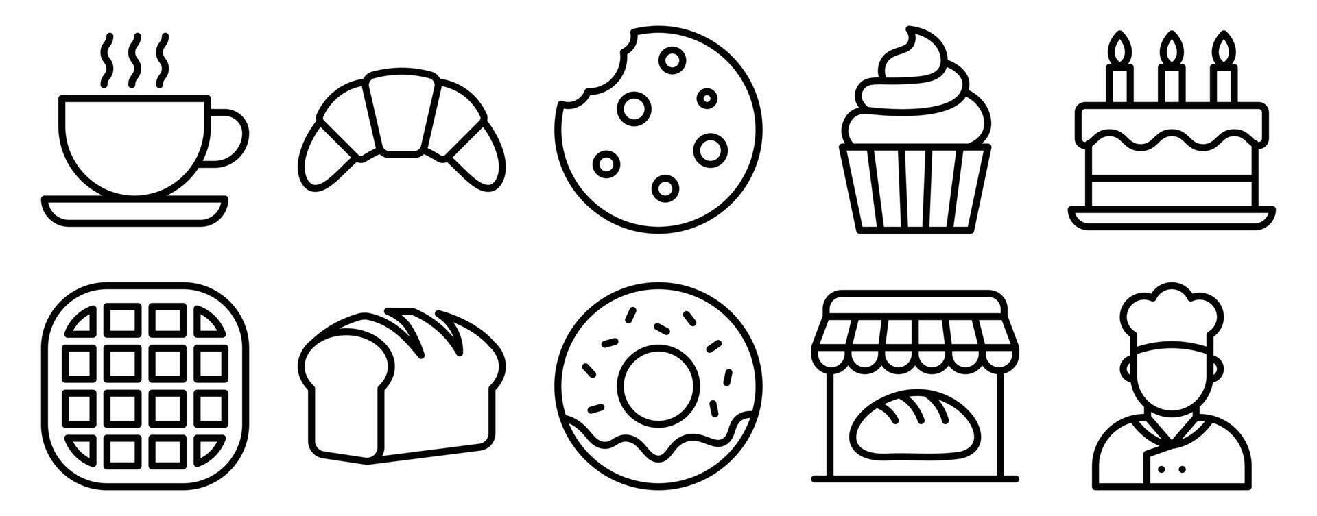 Bakery Icon Set Line Style Collection representing baked goods and pastry preparation suitable for food branding culinary apps and bakery shop promotions vector