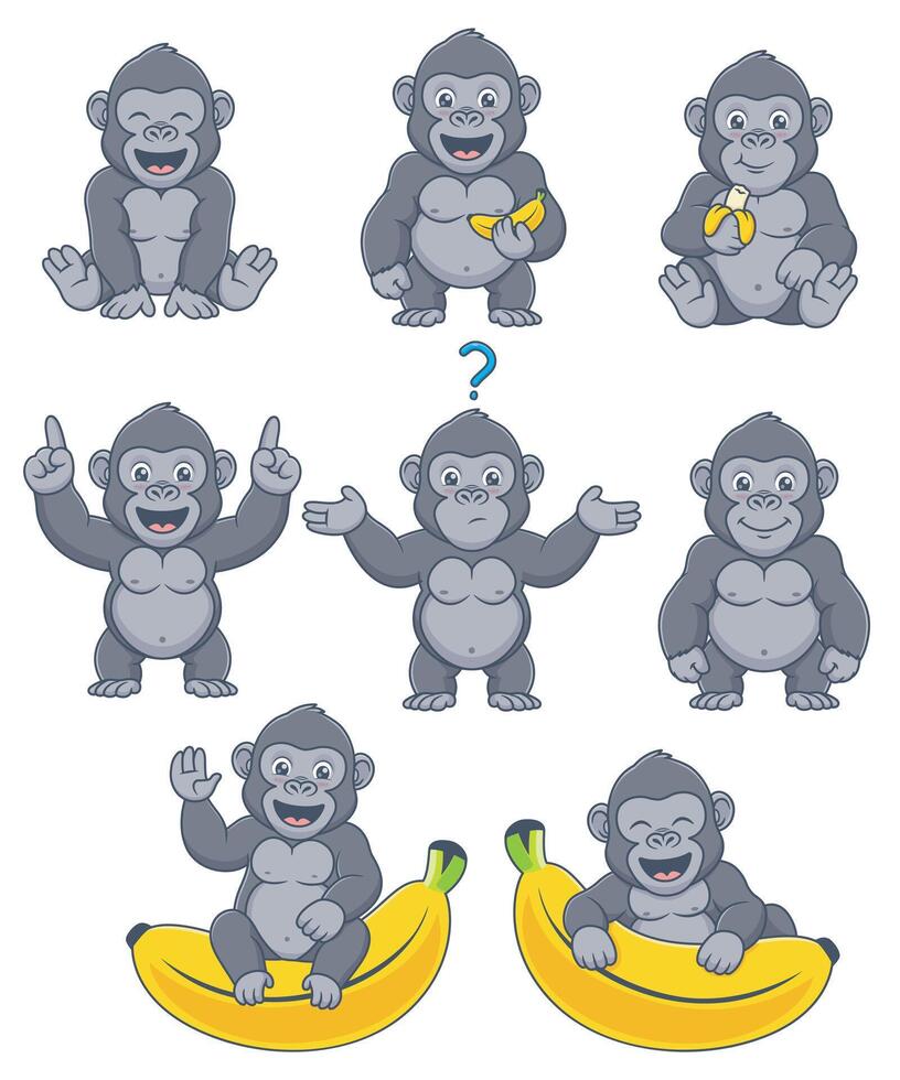 Eight cartoon gorillas happily holding bananas in a jungle setting. Suitable for kids illustrations, foodthemed designs, or wildliferelated projects. vector