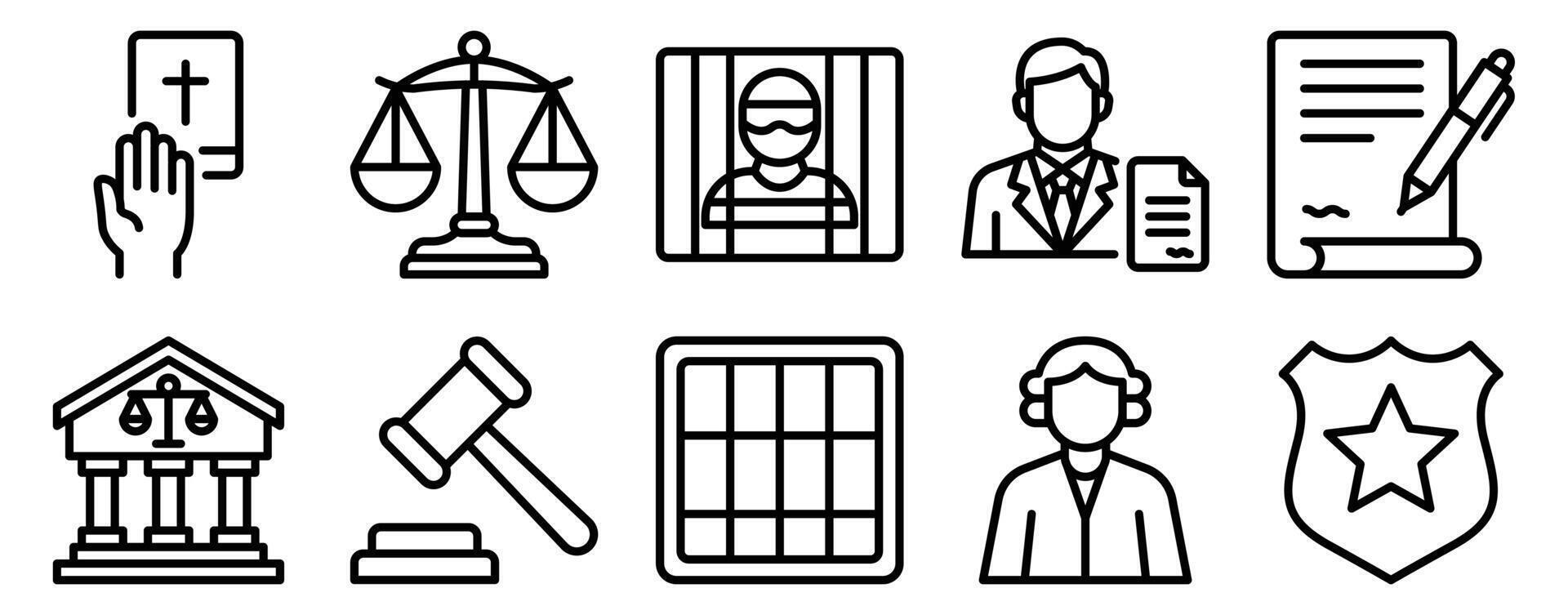 Justice and Law Icon Set Line Style Collection representing legal systems rights and regulations suitable for law firms educational materials and civic awareness campaigns vector