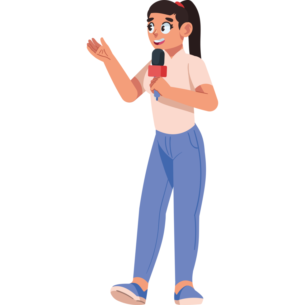 young journalist woman holding microphone isolated png