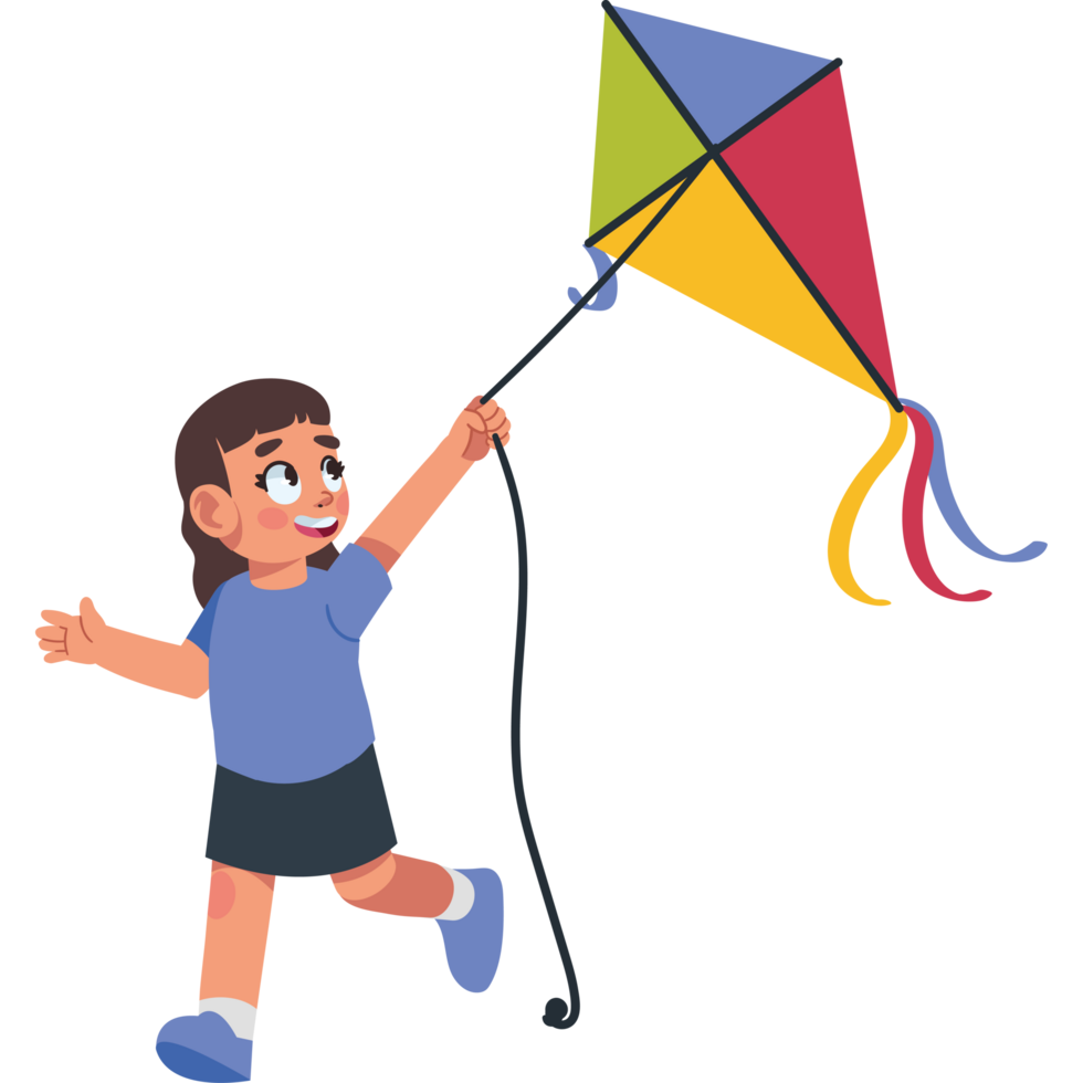happy girl flying kite cartoon isolated png