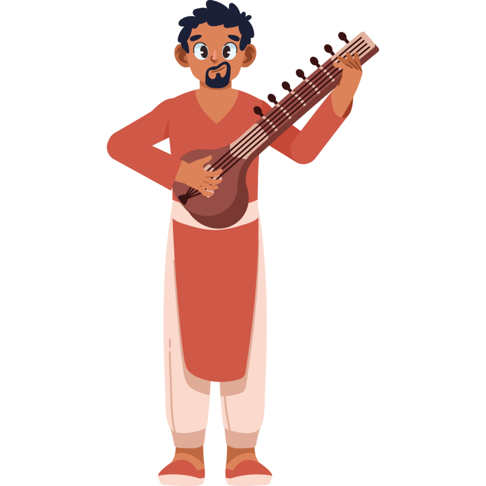 cartoon indian man playing sitar isolated png