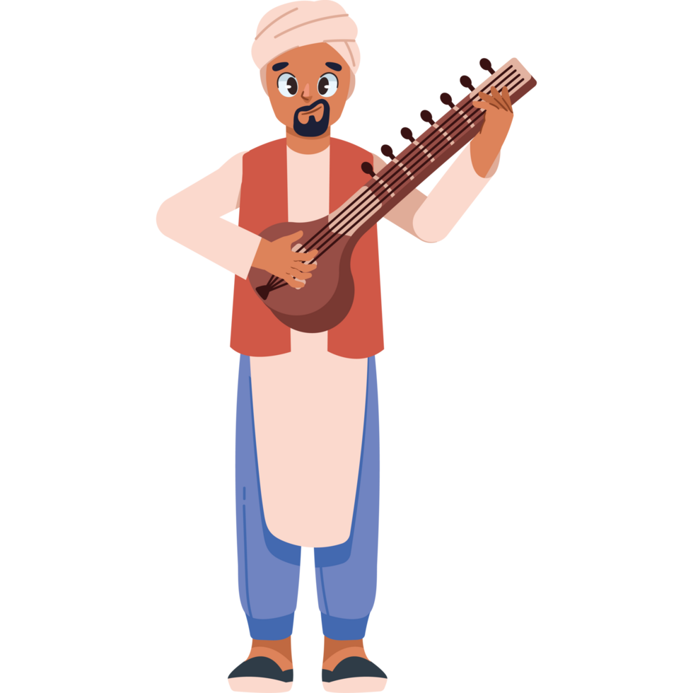 indian musician playing traditional sitar isolated png