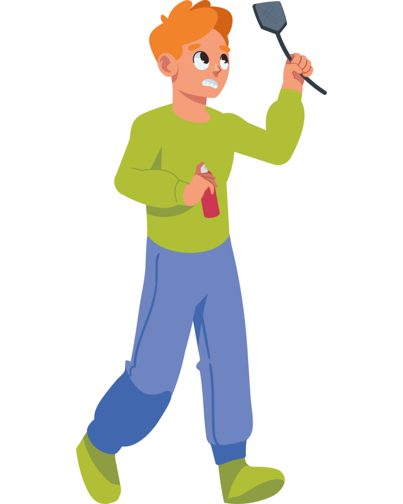 man with fly swatter and mosquito repellent isolated png