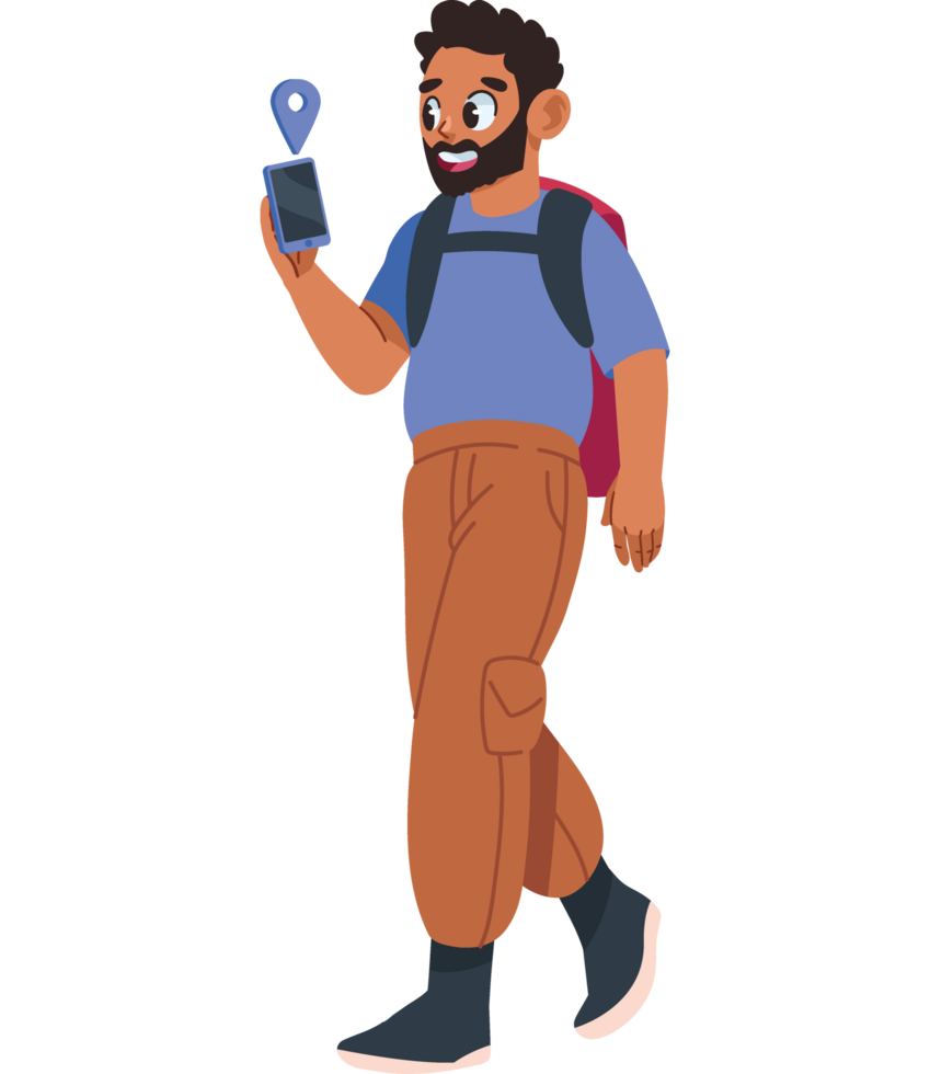 backpacker using gps in mobile phone isolated png