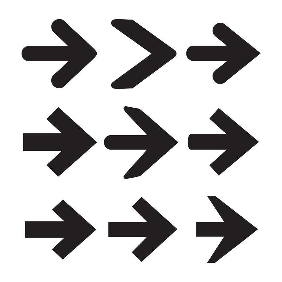 Various right arrow icon silhouettes against a white background vector