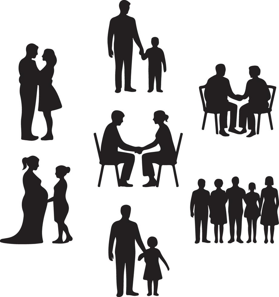 Black Silhouette Icon Set of Family and Relationship Themes in Minimalist Flat Design vector