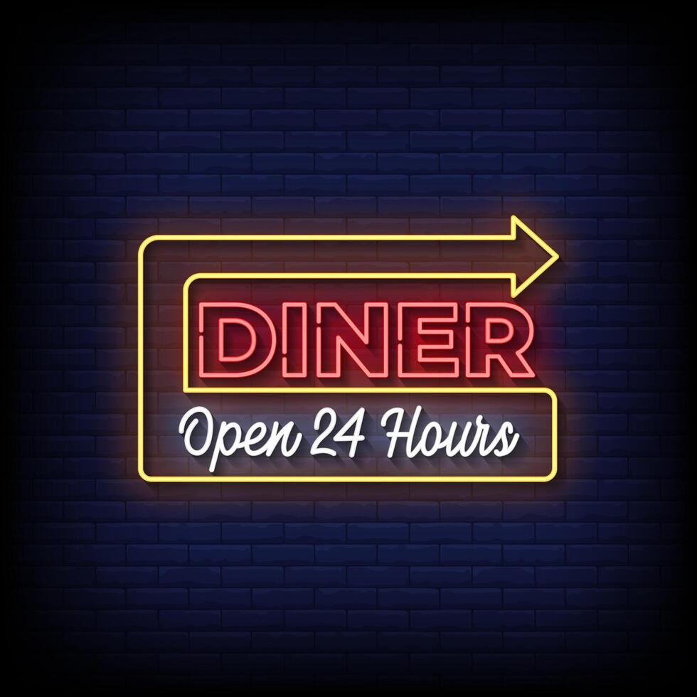 diner open 24 hours neon sign with brick wall background vector