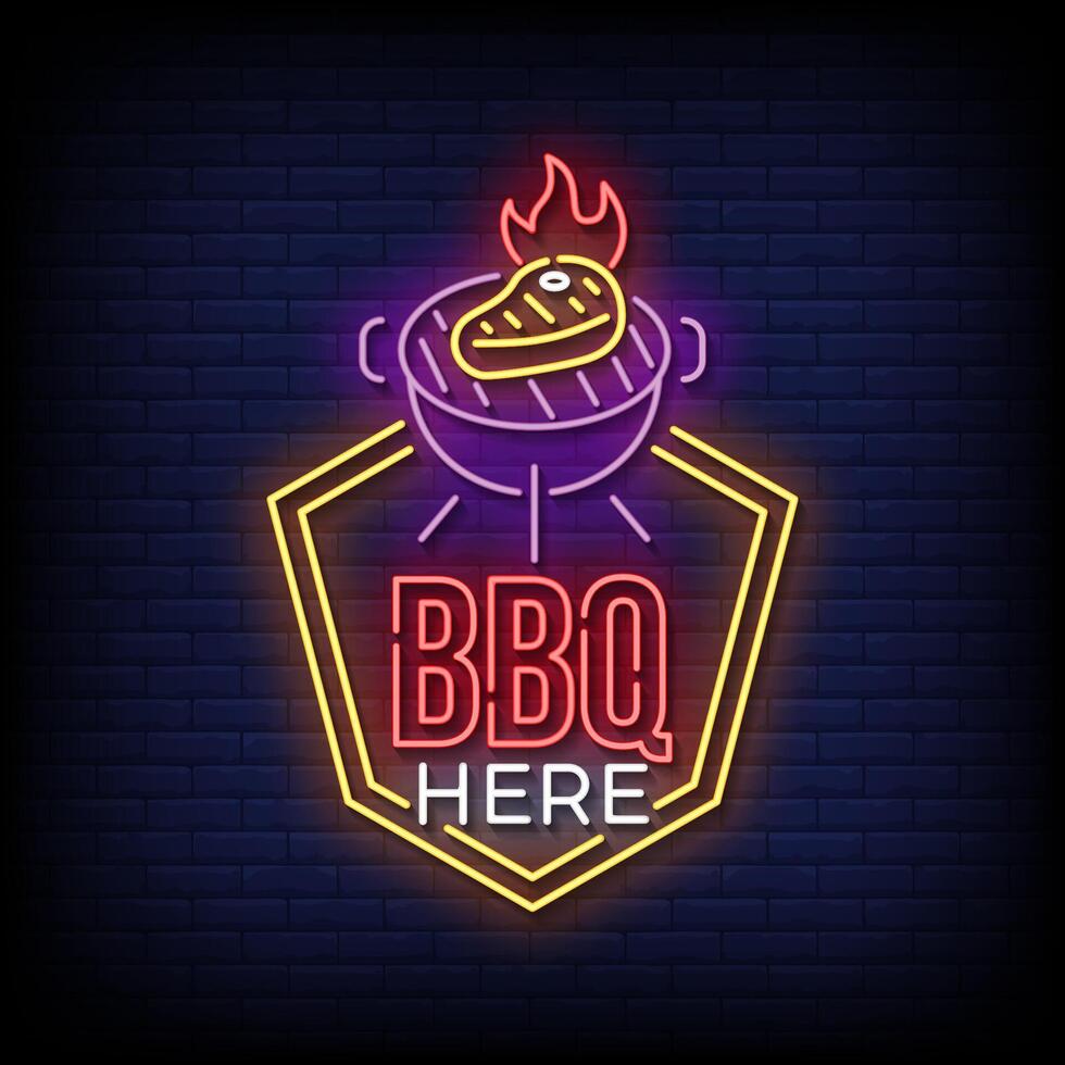 barbeque neon sign with brick wall background vector