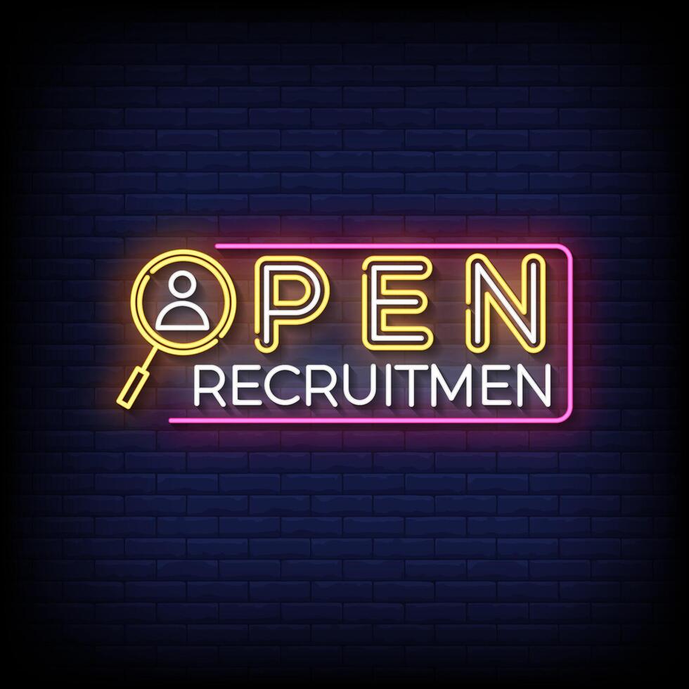 open recruitmen neon sign with brick wall background vector