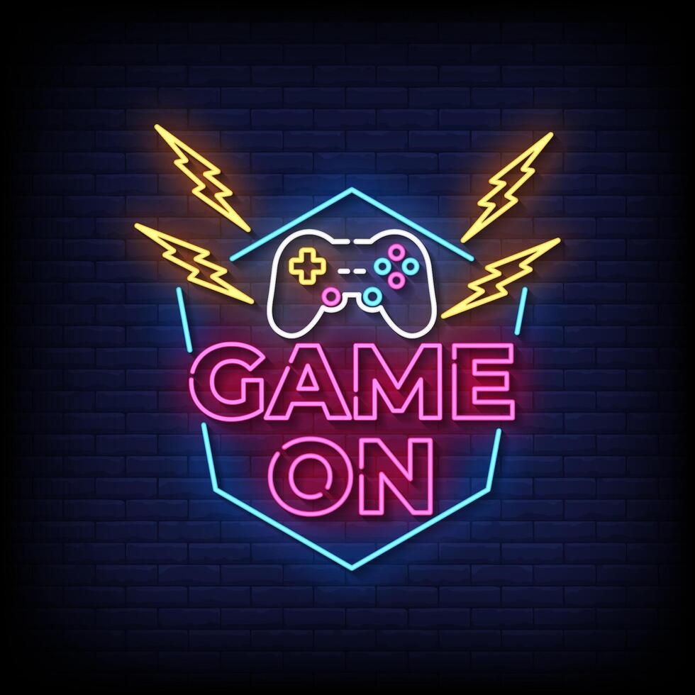 game on neon sign with brick wall background vector