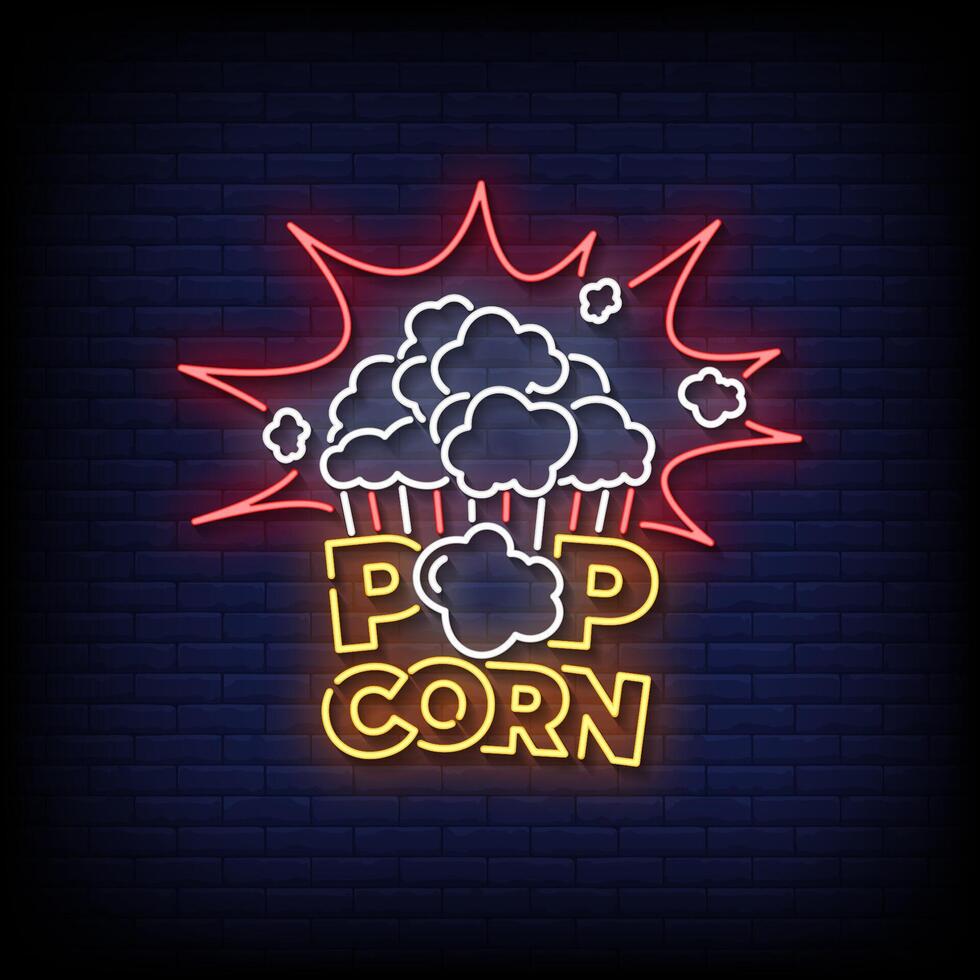 popcorn neon sign with brick wall background vector