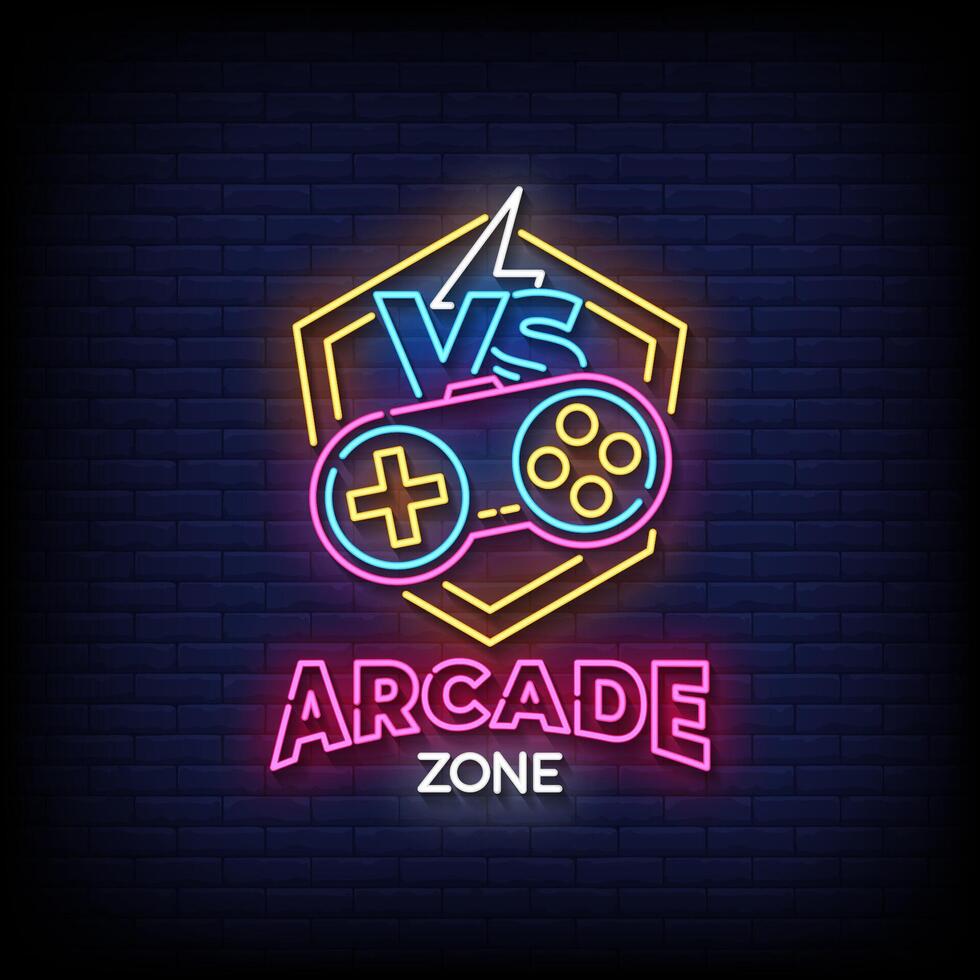 arcade zone neon sign with brick wall background vector