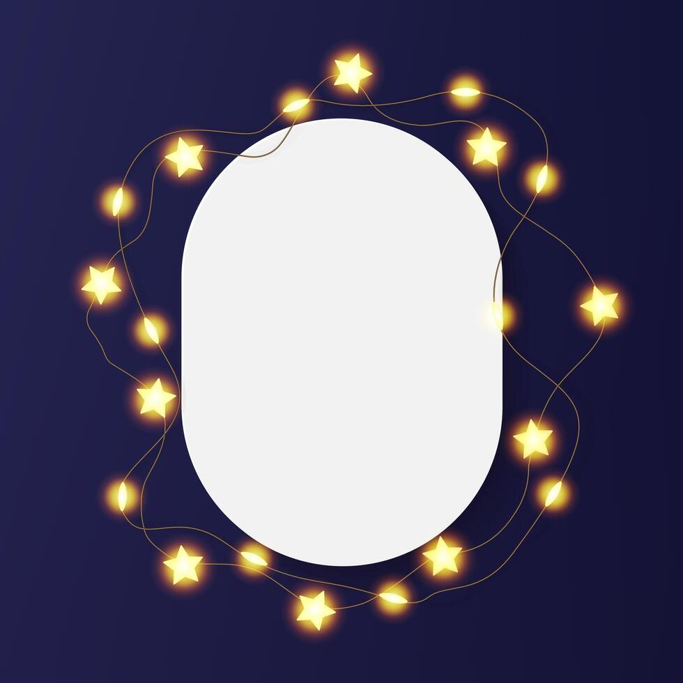 Oval picture frame on dark blue bg. Vertical portrait photo decorated with star light string of led garland. White art template mock up, festive quote, greeting post. Holiday 3d wreath Christmas card vector