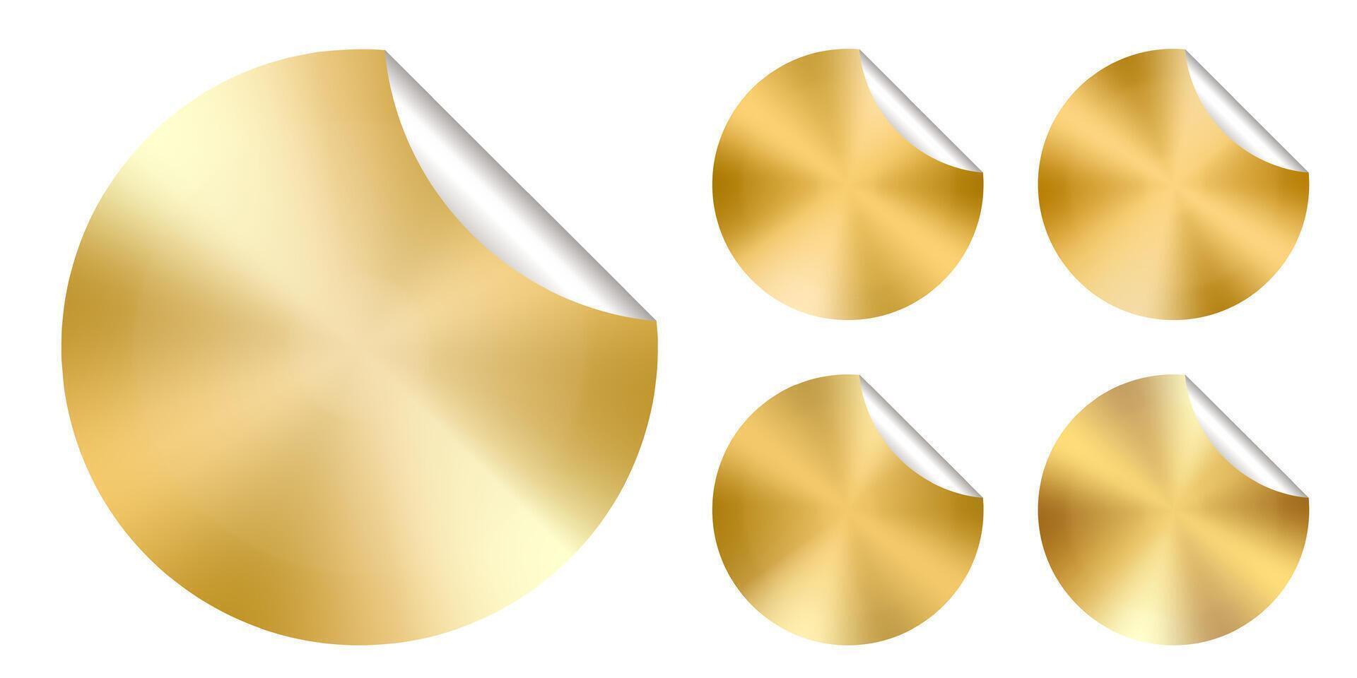 Gold sticker round label price tag. Golden holographic prize icon. Gradient glitter plate folded edge. Promo bonus seal stamp. New offer 3d mark foil badge. Premium paper texture circle shape vector
