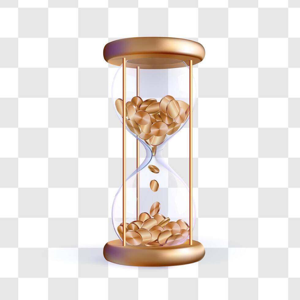 Hourglass with coins 3d time money concept. Golden metal dollar timer countdown. Sand in glass bulb count hour, minute and seconds. Sale promo dont miss shop icon. Deposit tax payment reminder vector