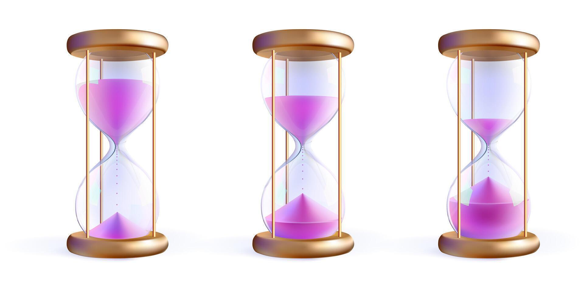 3d hourglass sequence set with pink sand. Glass clock miss budget. Shop hour alarm countdown. sandglass icon. Pension revenue gold timer concept. Deposit payment realistic promo period watch. vector