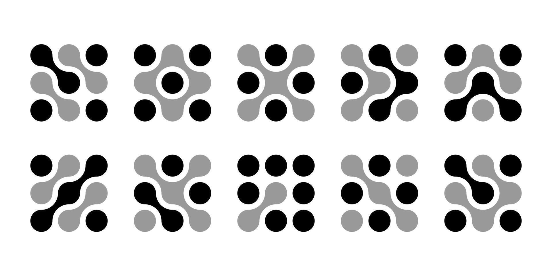 Dot connect icon, abstract tech logo. Diagonal circle shape integrates science pattern with innovation network . Liquid metaball flows into blob drops, medical data design. Nanocore concept vector