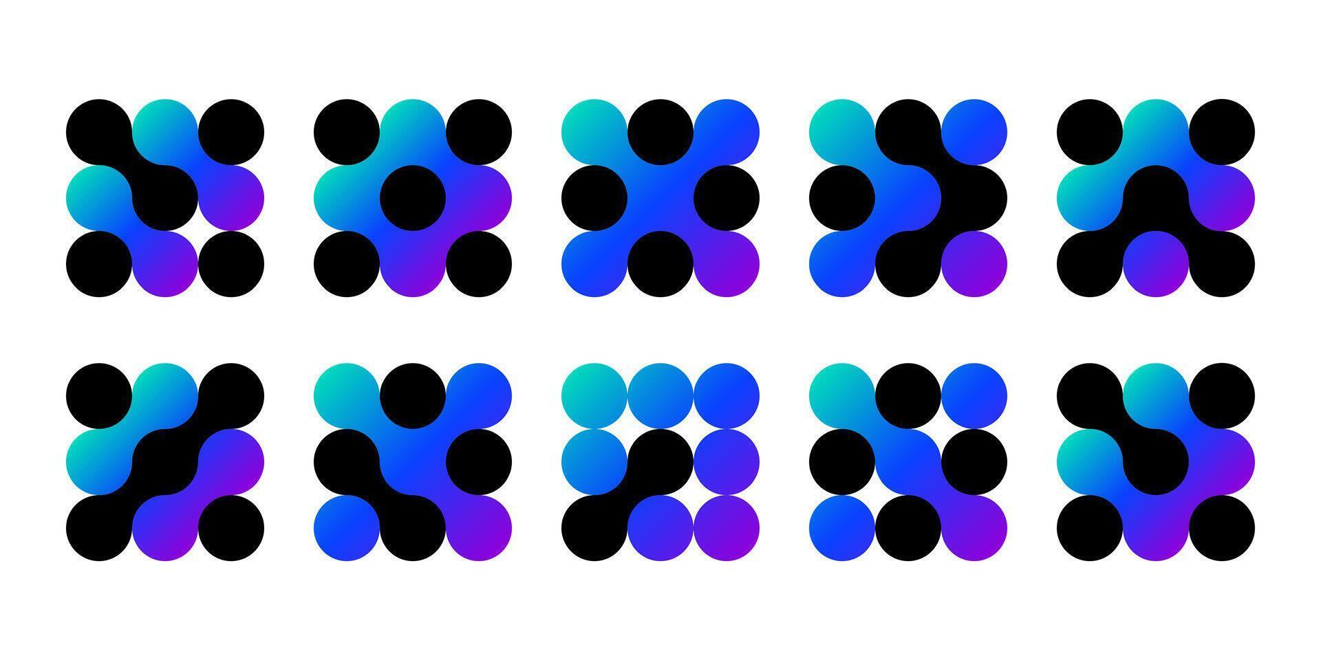 Atom dots connected in molecule structure pattern. Abstract circle shapes, collagen liquid drops. Medical tech metaball cells. Wavy merge fluid arrow, laboratory symbol. Dividing blob circuit cross vector
