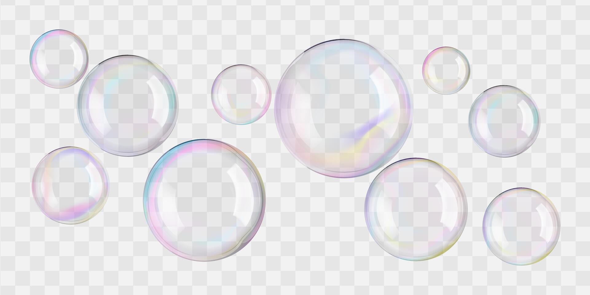 Transparent circle soap bubbles float in bath water, 3D sphere. Rainbow glass ball reflects soap suds. Liquid drops, gradient contrast flare on black wash, design elements for air balloons in wind. vector