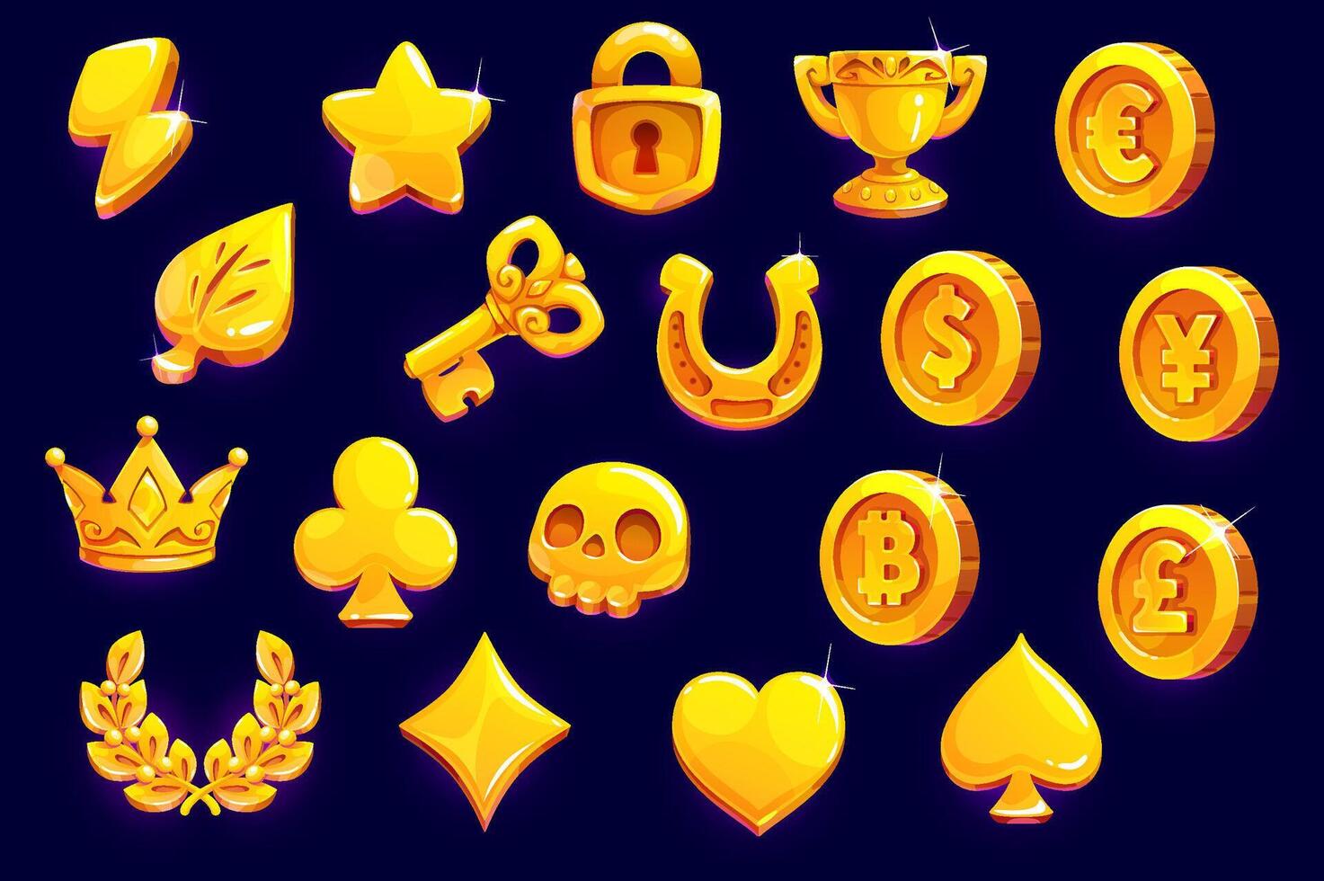 Golden icons game asset, gold coins, crown, key vector