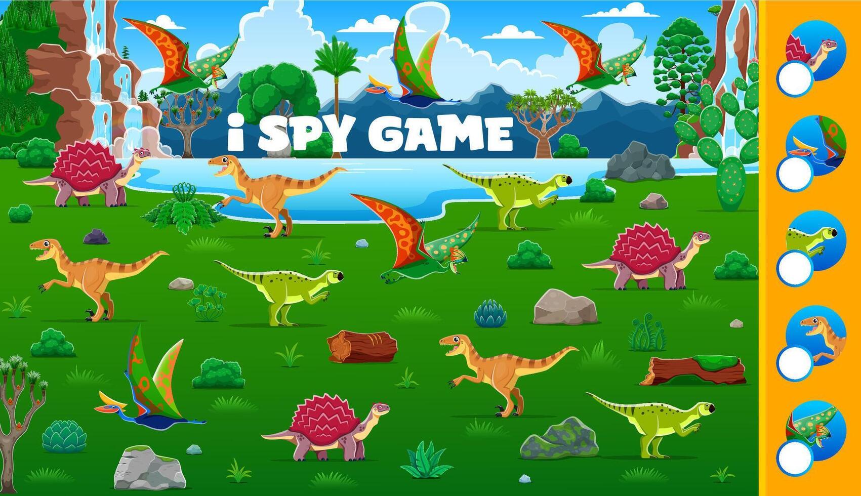 I spy game worksheet with dinosaurs vector