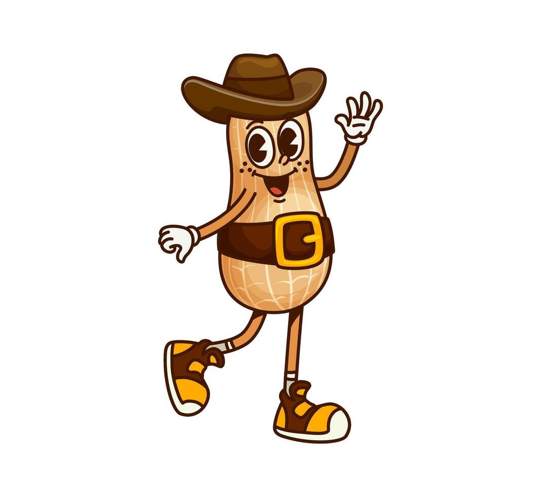 Cartoon groovy peanut cowboy bandit character vector