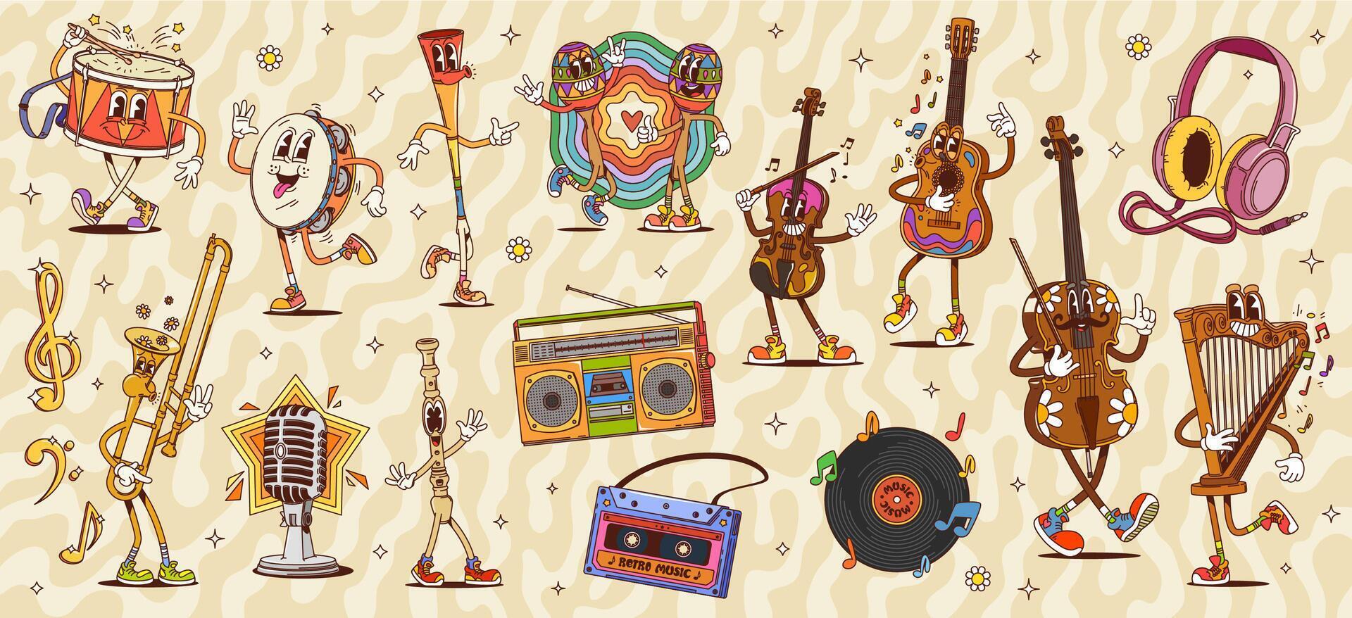 Cartoon groovy musical characters and instruments vector