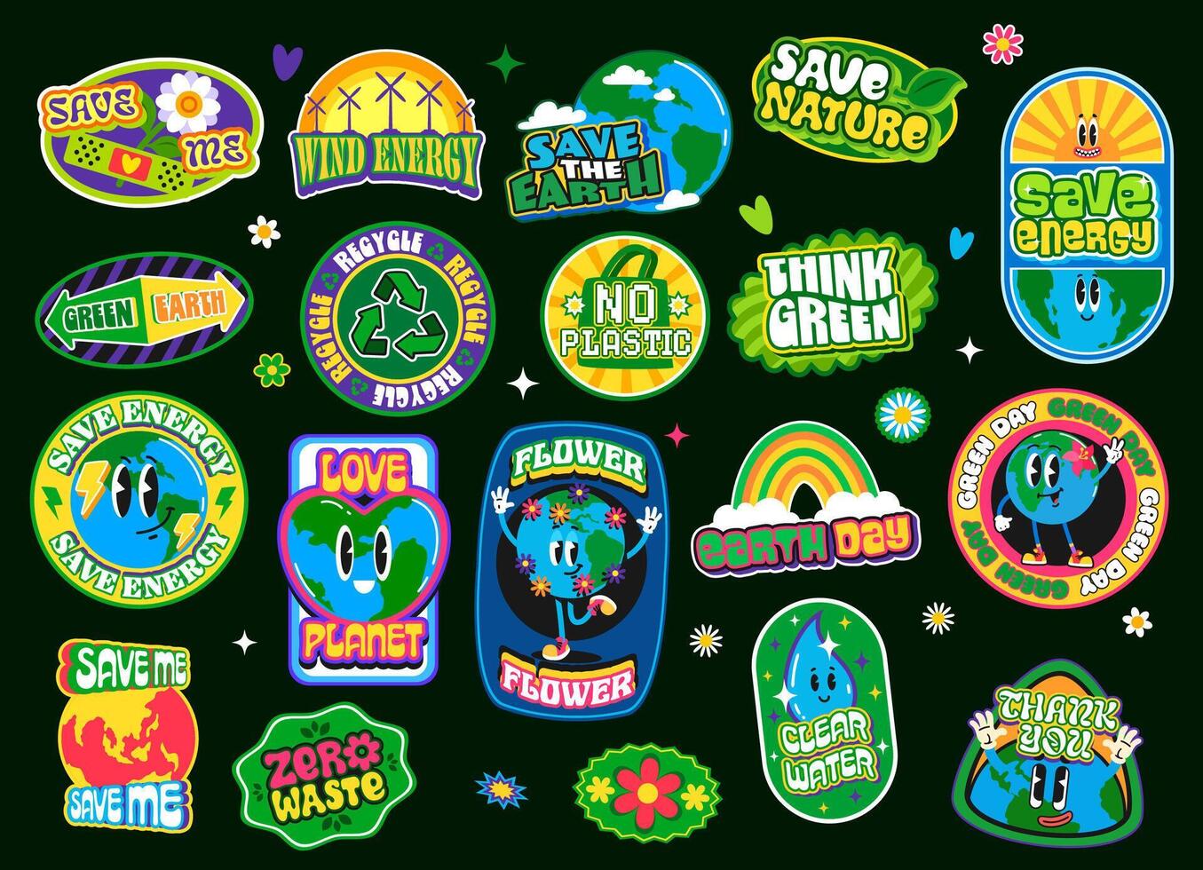 Environment ecology, Earth Day y2k retro stickers vector