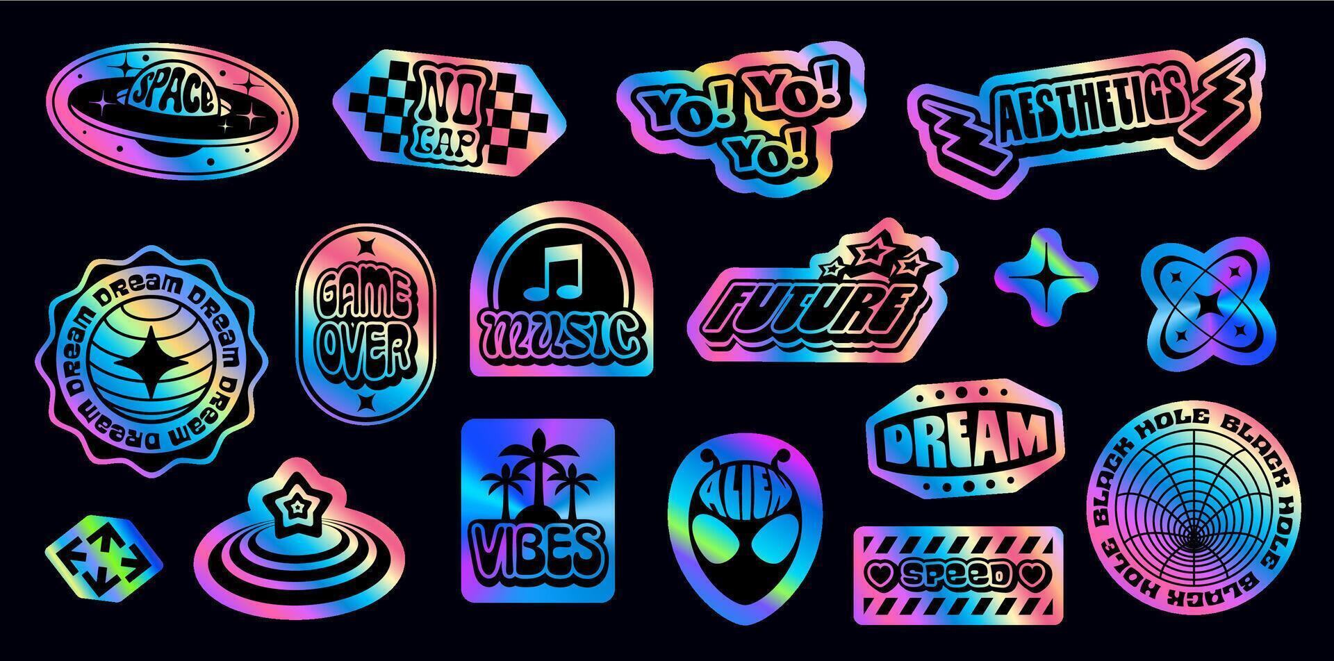 Iridescent holographic y2k stickers, retro labels vector