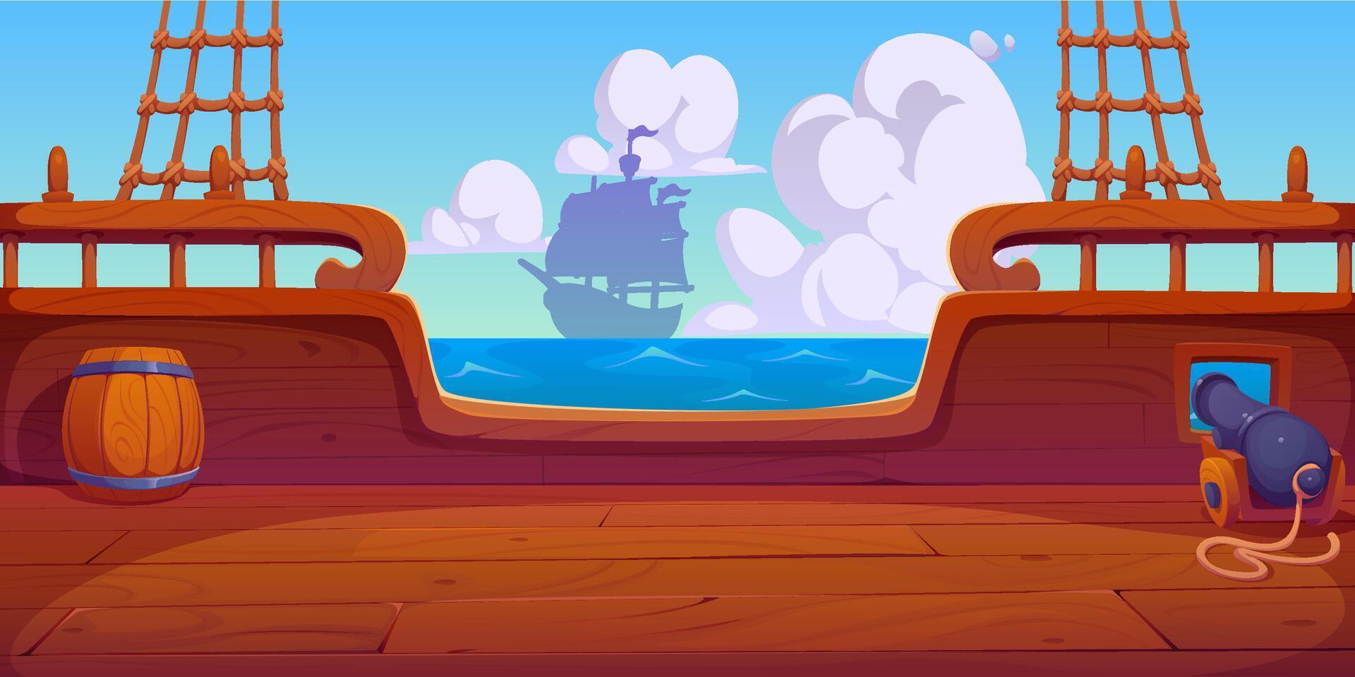 Pirate ship wood deck game background with cannon vector