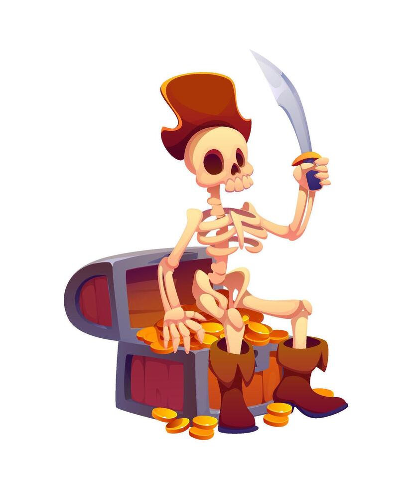 Cartoon skeleton pirate sitting on chest vector