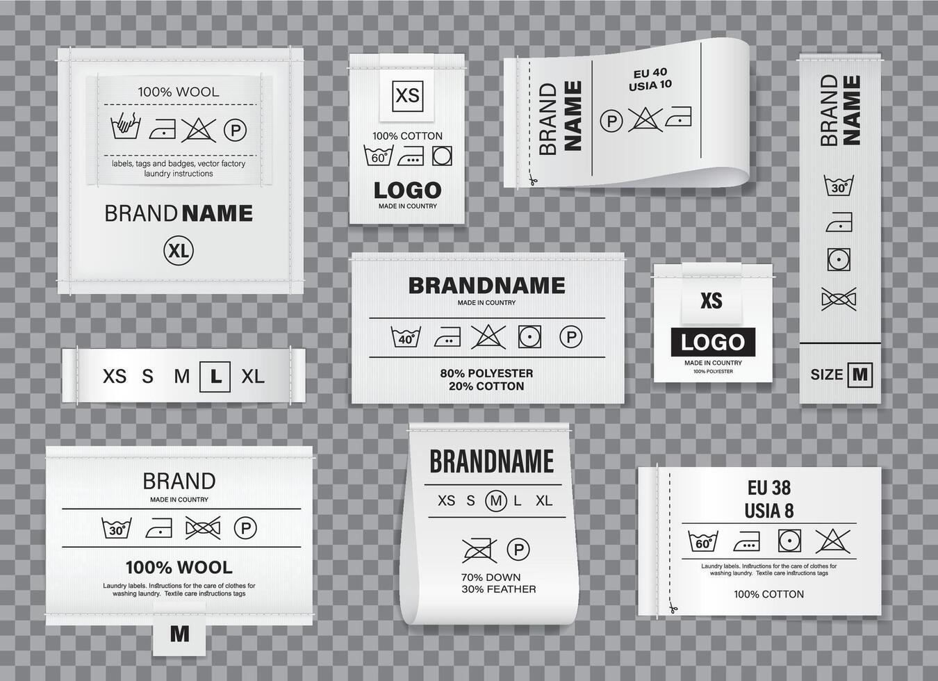 Realistic laundry labels and fabric washing tags vector