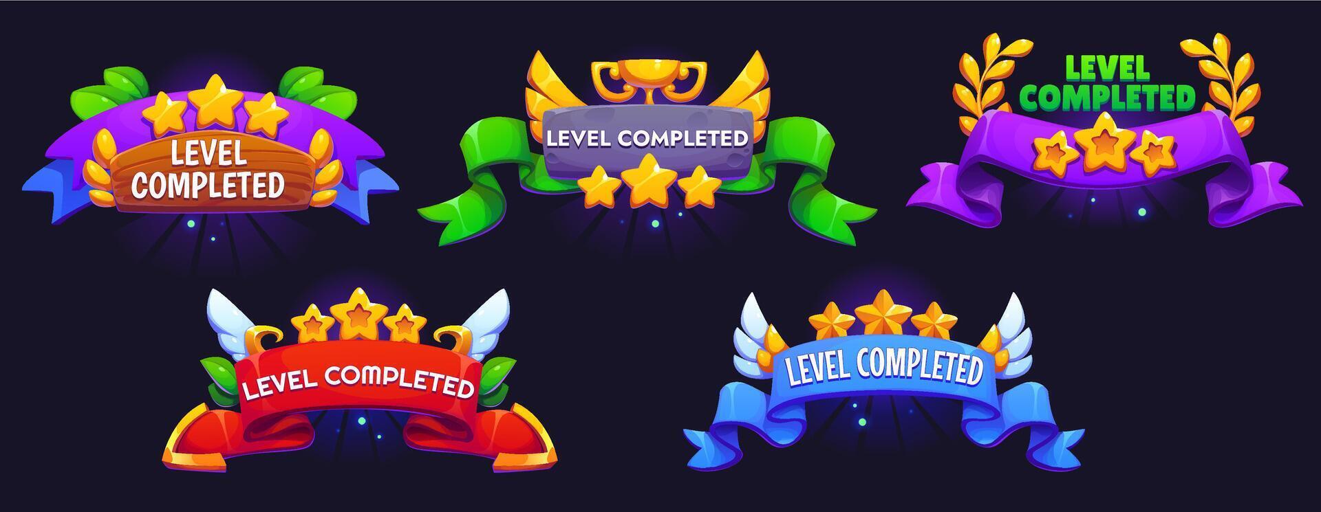 Game level complete badges, stars and trophy vector