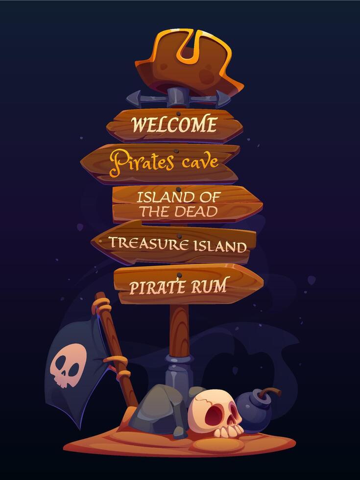 Pirate party sign board or corsair wooden signage vector