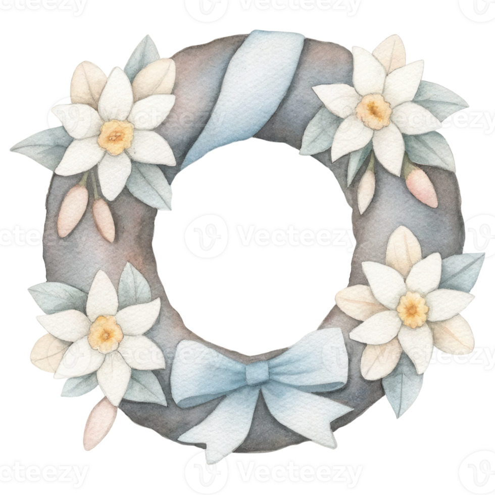 easter element, Delicate Easter wreath with daffodils and lilies, perfect for spring decor png