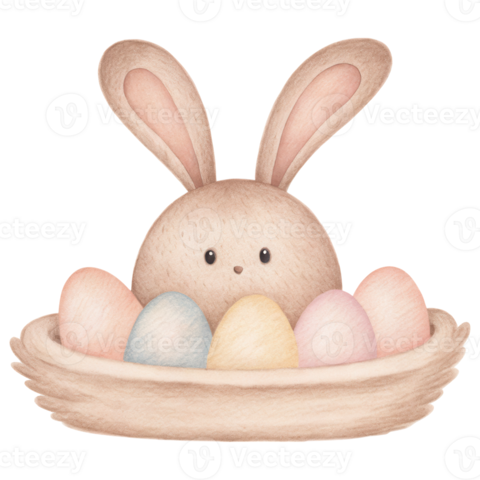 easter element, Cute rabbit watching over colorful Easter eggs in nest png