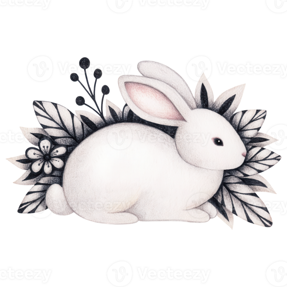 easter element, Delicately drawn bunny surrounded by vintage botanical elements, evoking serene atmosphere png