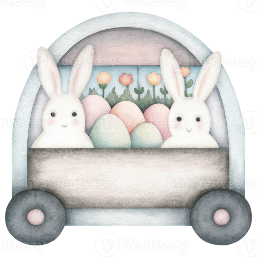 easter element, Cute bunnies in cart with pastel eggs and flowers, perfect for Easter png