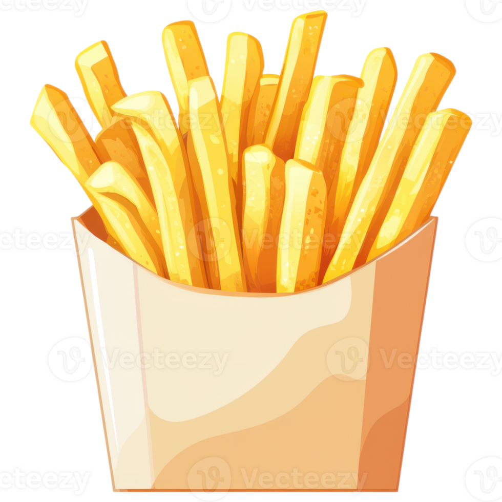 Crispy golden French fries in paper container, perfect for snacking png