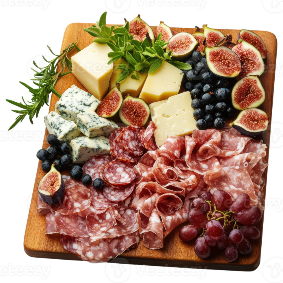 Artisanal charcuterie board featuring premium cheeses, figs, and grapes. delightful spread for gatherings png