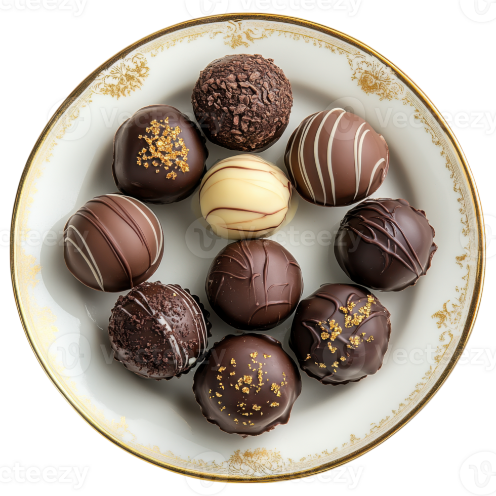 Delicious chocolate truffles arranged elegantly on decorative plate, showcasing various textures and designs png